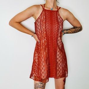 Francesca’s Lace Copper Color Mini Flowy Dress
